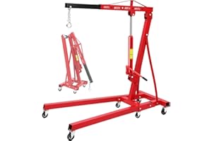 ExploreHorizon 2-Ton Folding Hydraulic Engine Hoist, Portable Engine Shop Crane with 6 Casters & Telescopic Boom, 4400 Lbs Foldable Cherry Picker Hoist Lift for Home Garage Workshop, Warehouse, Red