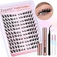 Zegaine Lash Clusters Kit Fluffy Eyelash Extension Cat Eye Lashes Natural Look Left & Right DIY Lash Extension Kit Wispy Fox Eye Eyelash Cluster Kit with Lash Glue, Tweezers, Brushes 132pcs 11 Pairs