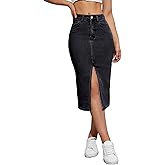 Womens Denim Pencil Skirts Mid Long High Waist A line Midi Jean Skirt Split Hem Skirts for Ladies.