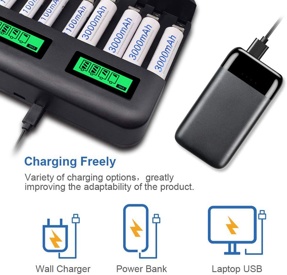 LCD Display Universal Battery Charger,8 Bay Smart Charger for Rechargeable Batteries Ni-MH/Ni-Cd A AA AAA SC C D Batteries with USB Port Type c and Overcharge Prevention Function (No Adapter): Electronics