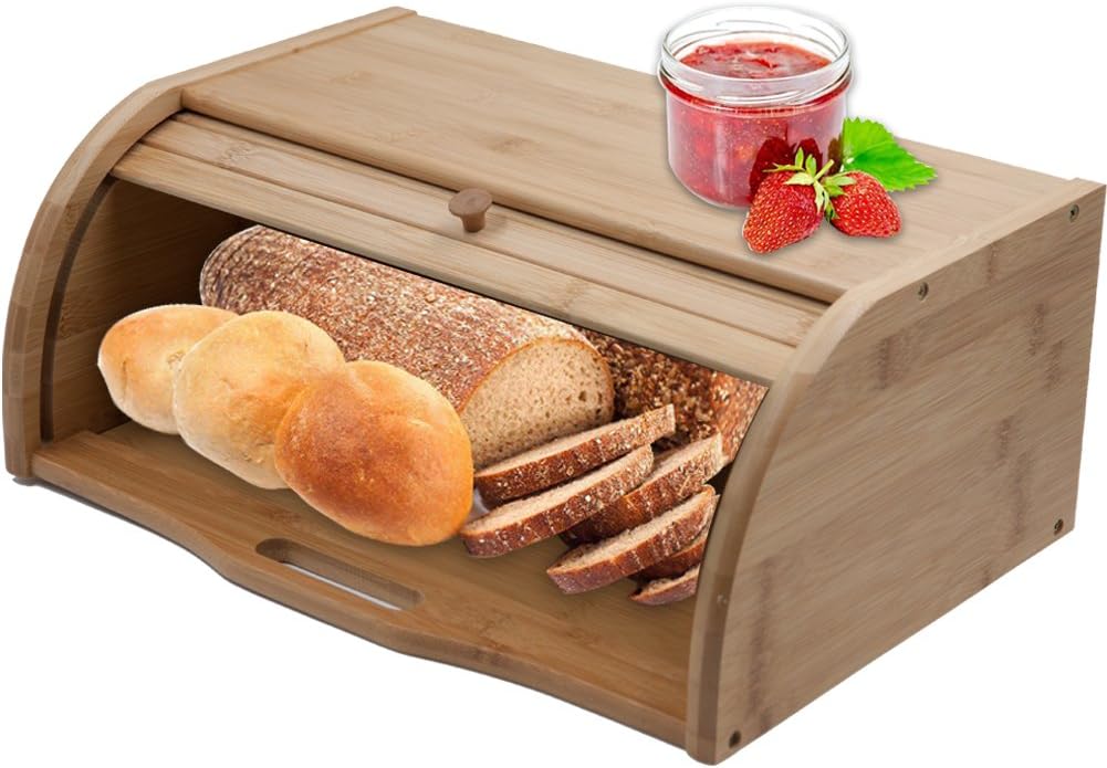 Wooden Roll Top Bread Box Food Storage Holder Large Capacity for Kitchen