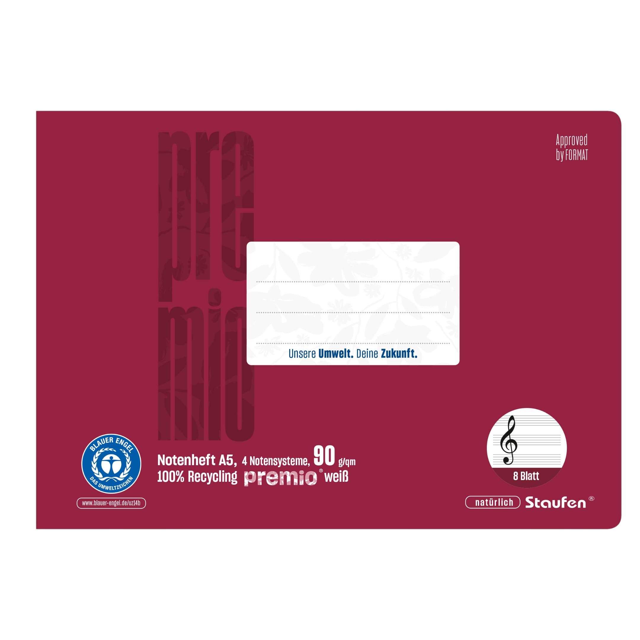 Staufen premio music notebook - 5 music books, 8 sheets each, Lin N, DIN A5 landscape, 90 g/m², 4 staves