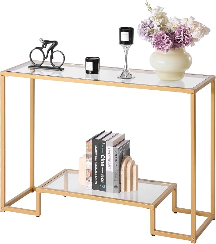 2-stufiger Konsolentisch moderner rechteckiger Flurtisch (107 x 35,4 x 75,5 cm) mit Platte aus gehärtetem Glas, Sofa-Beistelltisch mit Kippschutz für Wohnzimmer Flur Eingangsbereich Foyer