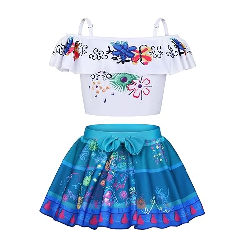 URAQT Mirabel Costume Isabela Swimsuit, Kids Cartoon Bikini Swimwear, Mirabel Isabela Princess Bathing Suit, Off The Shoulder Ruffle Swimming Costume for Girls Pool Beach Holiday Water Sports Surfing