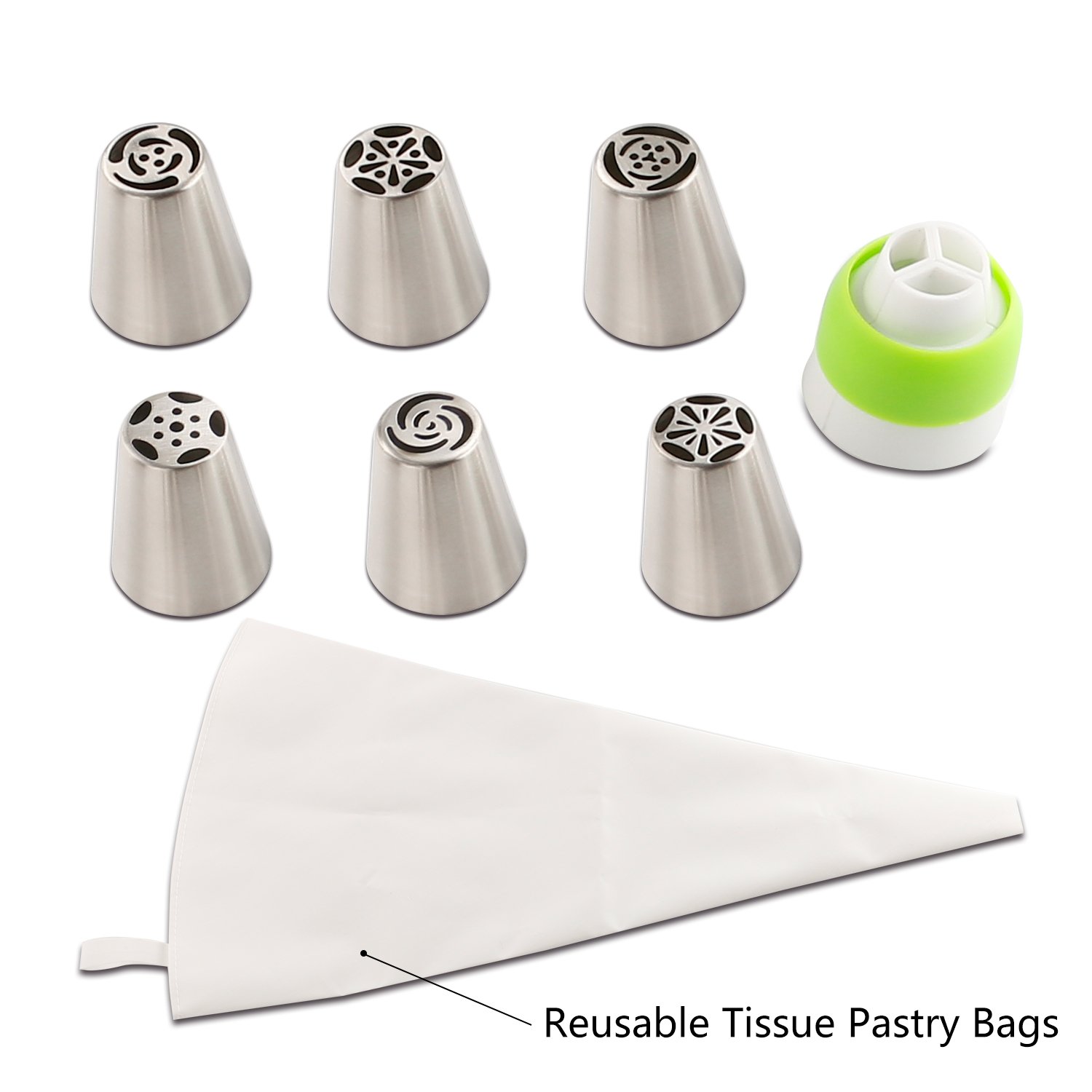 Srasi Russian Piping Tips Nozzles Premium Pastry Cake Decorating Tool Set of 8(6 Russian Tips 1 Reusable Tissue Pastry Bags 1 Tri-Color Coupler)