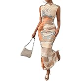SKAYS Women's Summer Bodycon High Neck Dress Ruched Maxi Wedding Guest Sleeveless Tie Dye Long Mesh Party Slit Hem Dress
