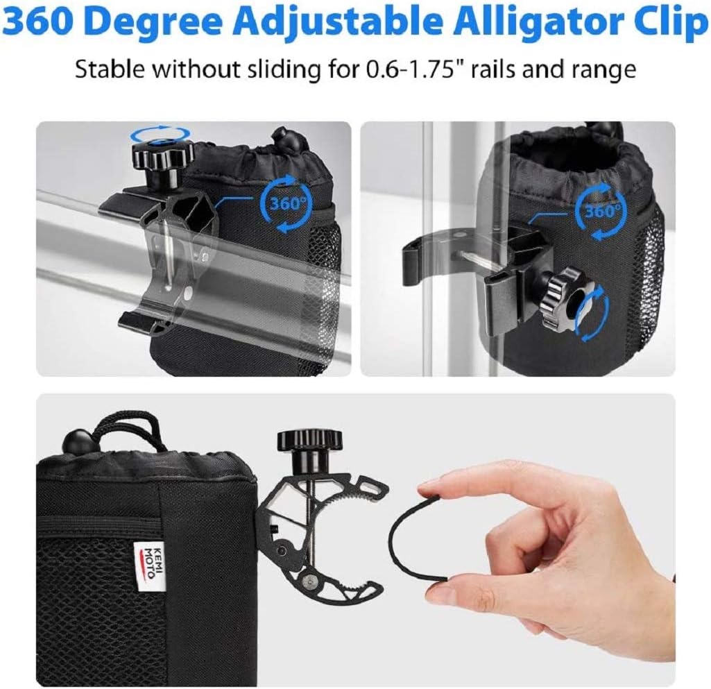 kemimoto Bar Cup Holder, Oxford Fabric Drink Cup Can Holder with Drain and Alligator Clip for Motorcycle, ATV, Scooter, Marine Boat, Kayak, Bike, Wheelchair, Walker, Golf Cart, RV, Camper, Desk: Automotive