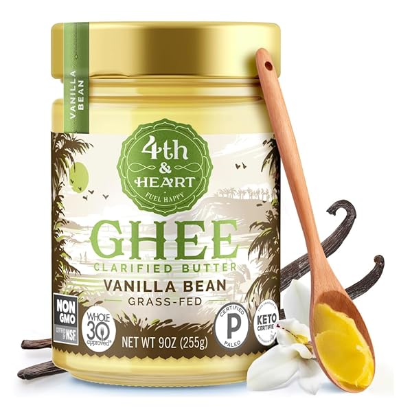 4TH & HEART VANILLA BEAN GRASS-FED GHEE, CLARIFIED BUTTER, KETO, PASTURE RAISED, NON-GMO, LACTOSE AND CASEIN FREE, CERTIFIED PALEO (9 OUNCES)