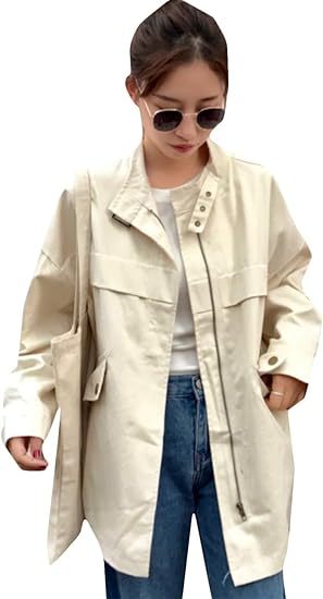 Amazon Bscool ジャケット レディース ゆったり ブルゾン 無地 スタジャン 立ち襟 ジャンパー ファッション 通学 カーゴジャケット カジュアル シンプル アウター 春 秋 アウトドア アプリコット コート ジャケット 通販