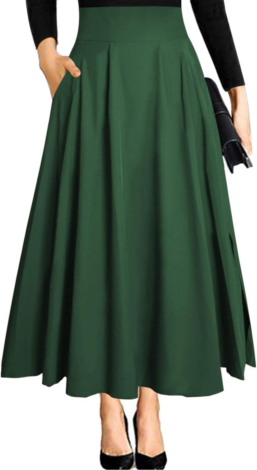 RANPHEEWomen's Ankle Length High Waist A-line Flowy Long Maxi Skirt with Pockets