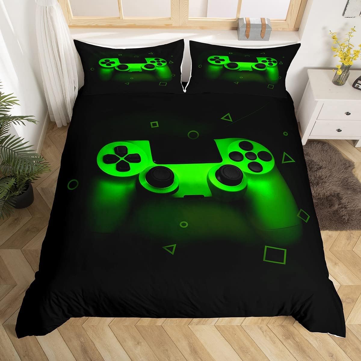 Gamer Bedding Sets For Boys Double,Gaming Duvet Cover Kids Teens Men Video Game Room Decor Reversible Gaming Comforter Cover Green Gamepad Bed Set Retro Game Controller Quilt Cover Soft Luxury 3 Pcs — image 1