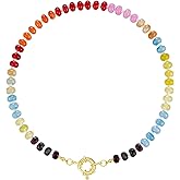 KissYan Beaded Gemstone Necklace for Women, Colorful Boho Bead Choker Natural Stone Surfer Beach Necklaces 14K Gold Plated Summer Handmade Jewelry