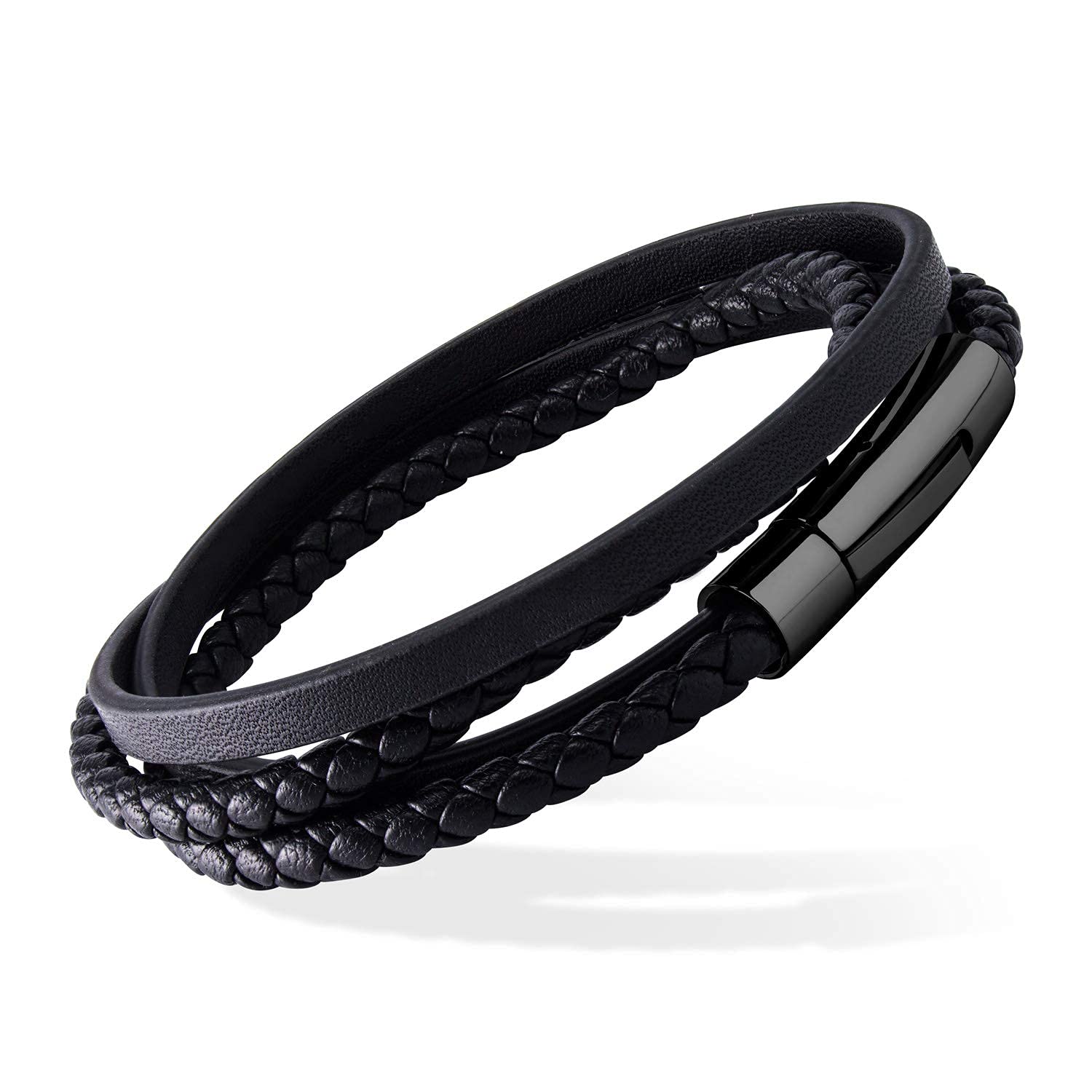 555Jewelry Mens Unisex Stainless Steel Braided Wrap Multi Layer Layered Leather Cord Magnetic Clasp Wraparound Vintage Wristband Vintage Fashion Accessory Jewelry Bracelet, Black 9 Inch
