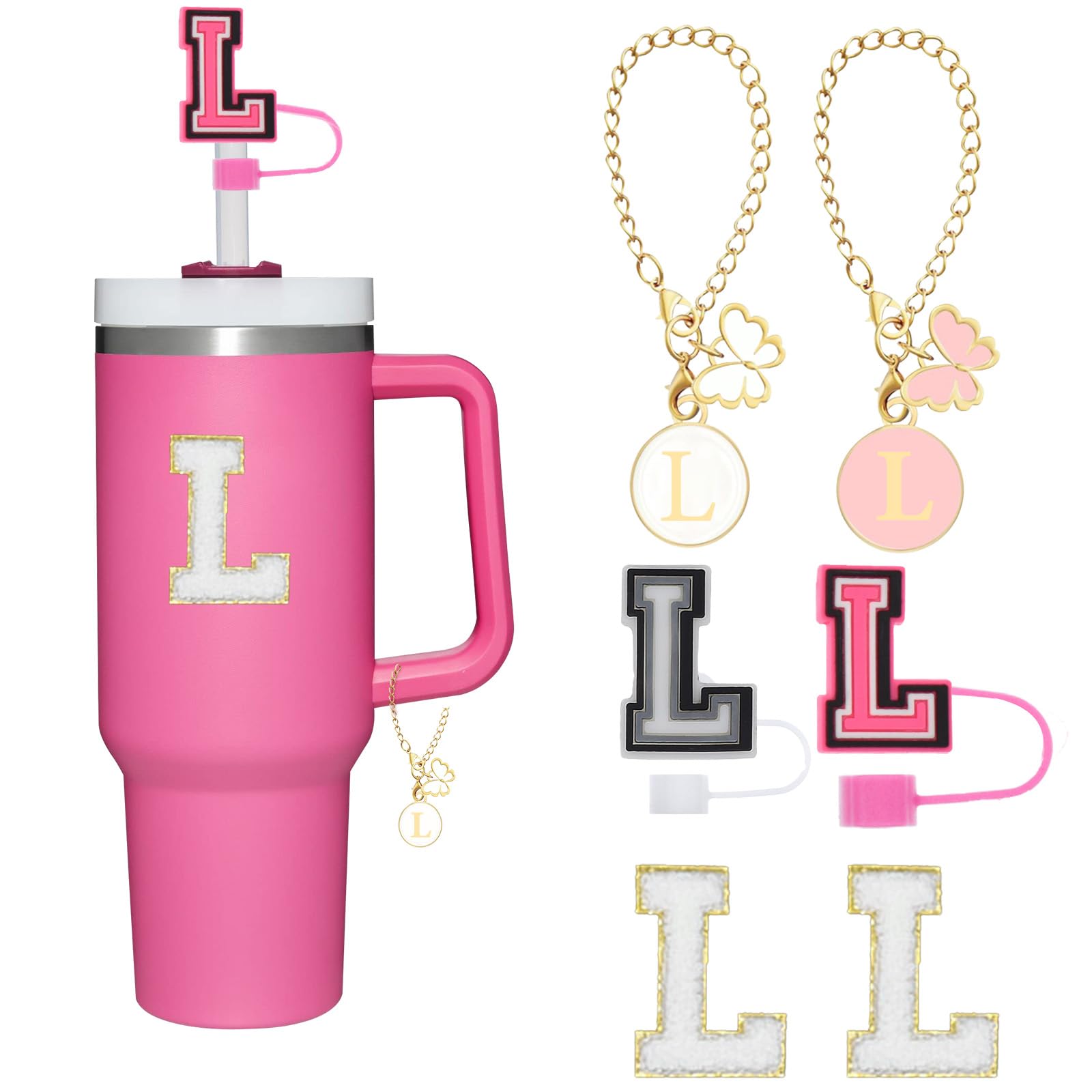 Reusable Straw Cover for Stanley Cup Accessories,2Pcs Dustproof Straw Covers with Letter Charms and Personalized Name Stickers(L)