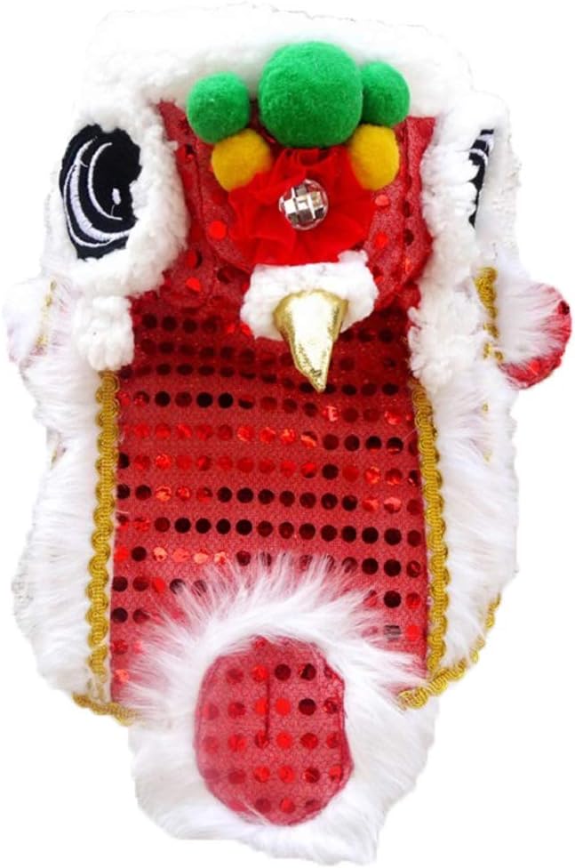 Delifur Cute Dance Lion Pet Costume with Red Sequins New Year Cat Dog Clothes Hoodies Coat for Small Medium Large Dogs