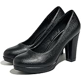 Lyngixko Women's Pumps High Chunky Block Heel Dress Shoes Closed Round Toe Comfortable Heels