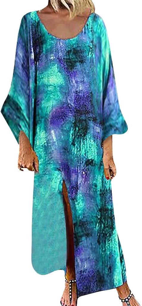 Alangbudu Women Side Split Retro Tie Dyeing V Neck Long Sleeve Casual Swing Loose Shift Maxi Baggy Ankle-Length Dress