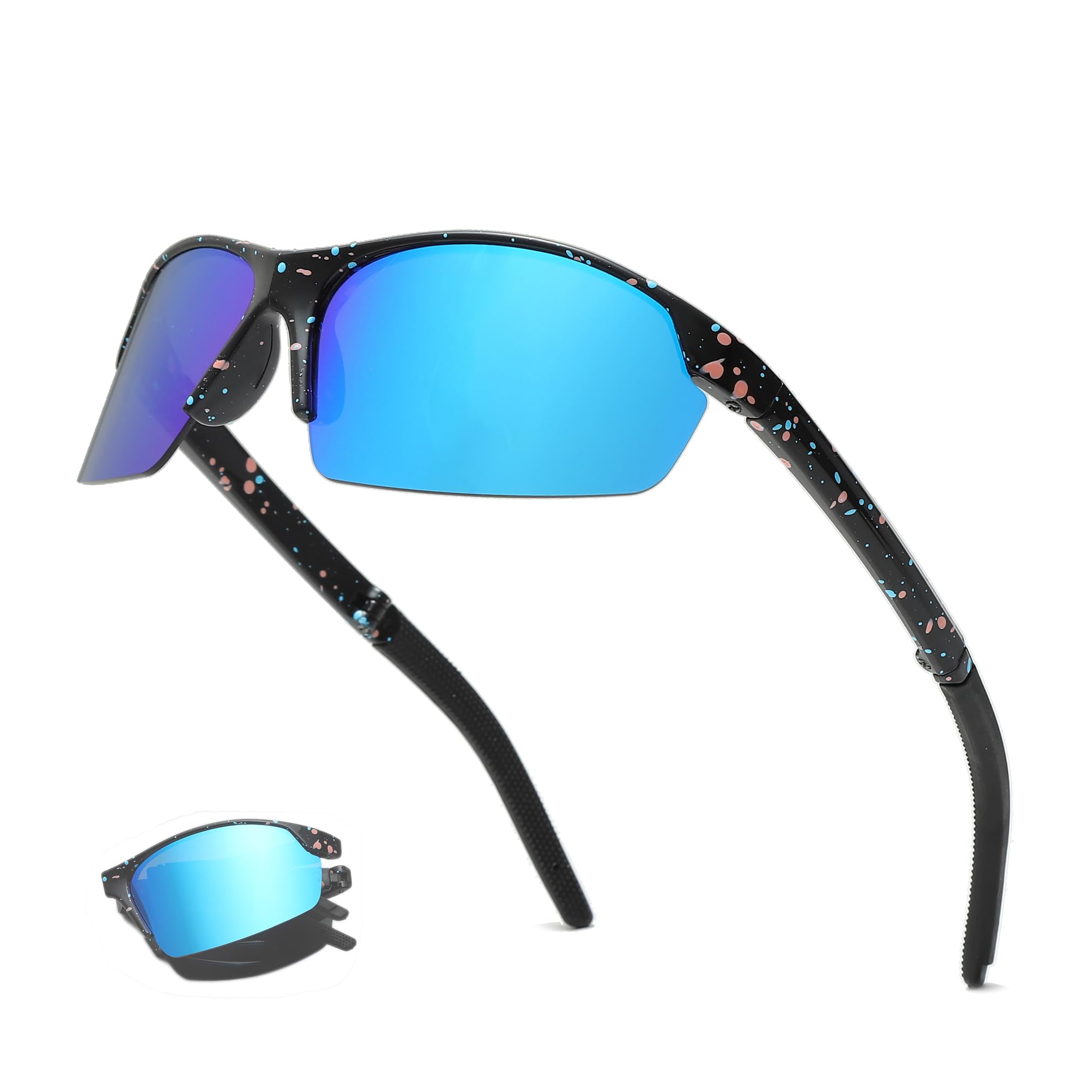 Long Keeper Foldable Sports Sunglasses for Men Women Youth Sports Running Glasses Windproof Cycling Goggles Softball Baseball Glasses UV Protection Shades (Black Frame Blue Mirrored Lens)