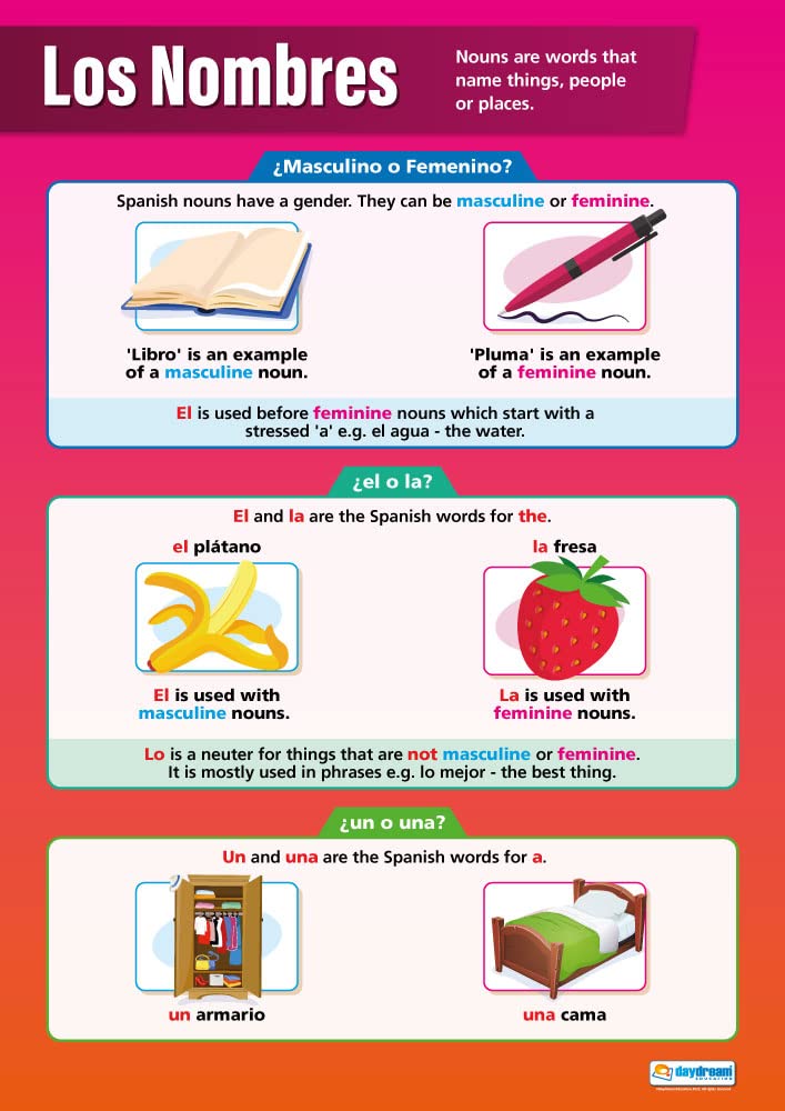 Daydream Education Los Nombres | Language Learning Posters | Gloss Paper measuring 850mm x 594mm (A1) | Second Language Charts for the Classroom | Education Charts