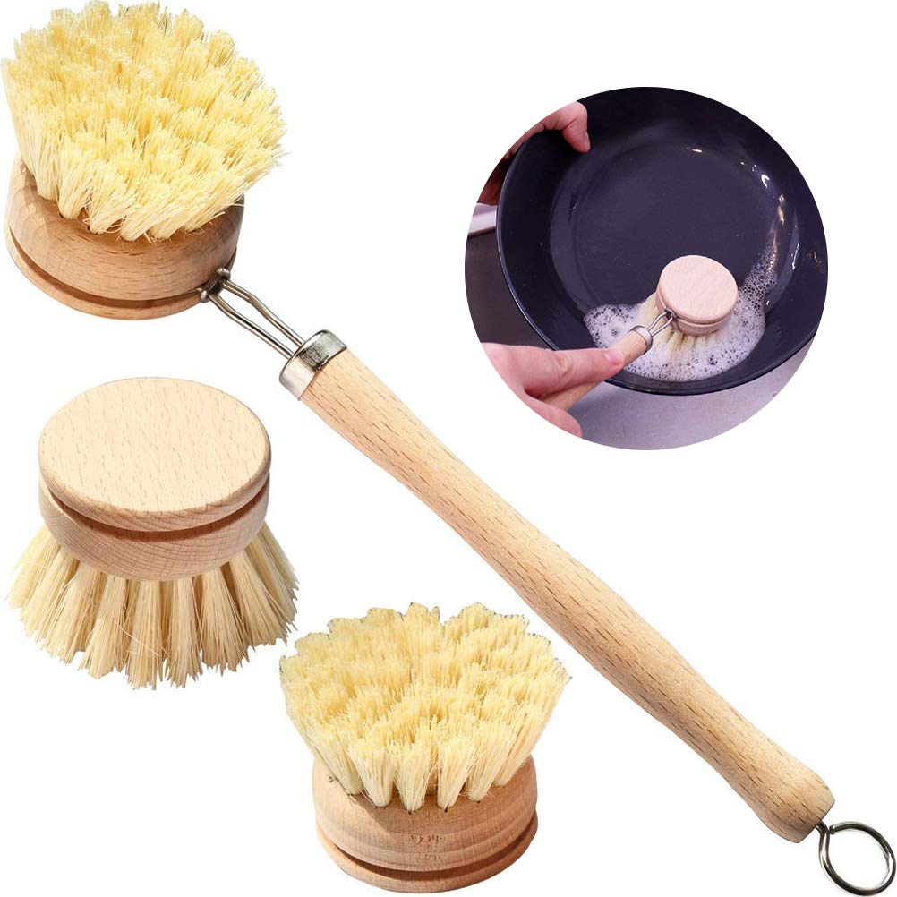 Wooden Dish Brush, BETOY Eco-Friendly Dish Brush Set ,Premium Long-Handled Dish Washing Brush with 3 Pcs Heads(23 x 19 x 5 cm)-Natural Sisal Hemp and Beech Wood Dish Brushes