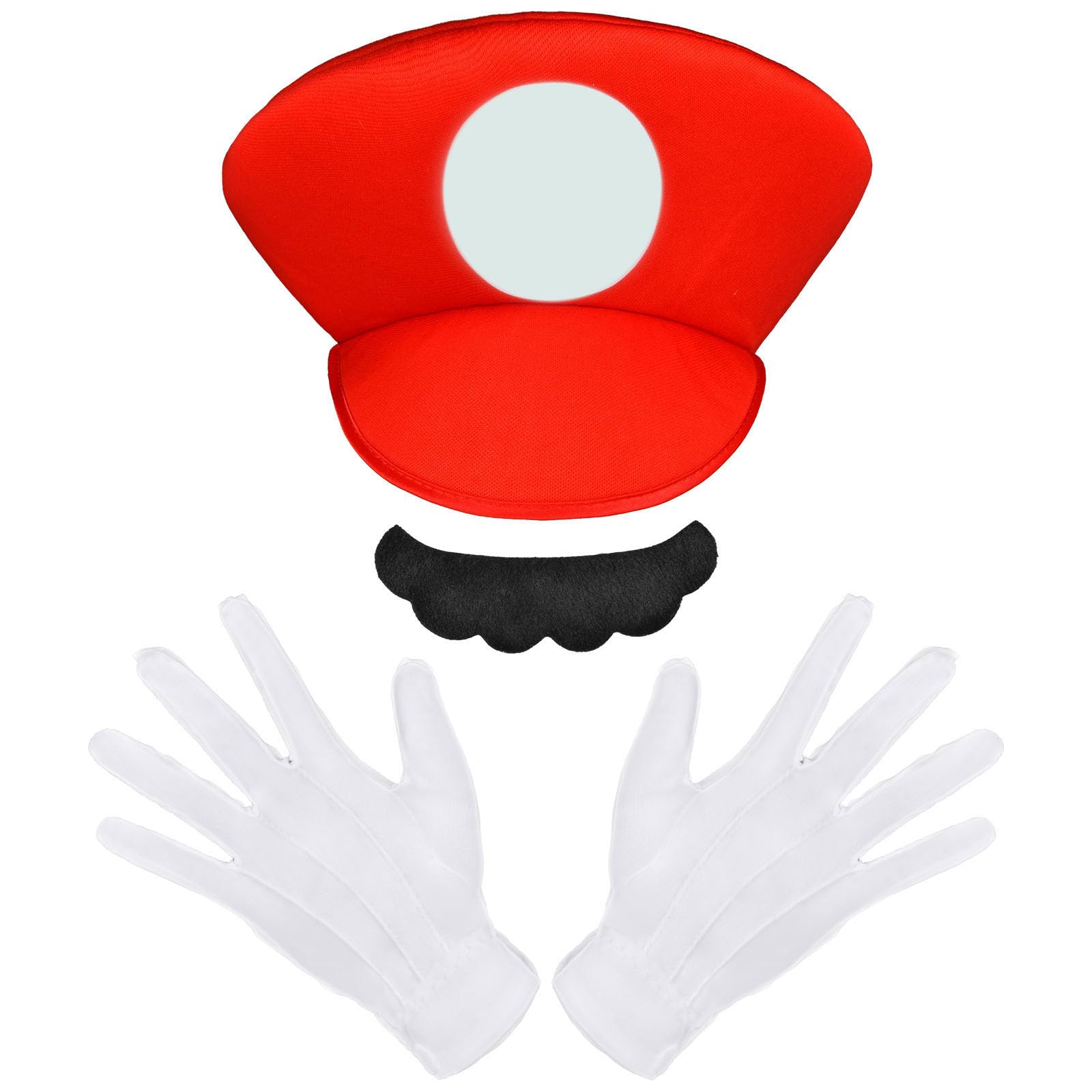 Aomig Mario Costumes, 3 Pack Mario Cosplay Costume Accessories Kits for Women Men Kid, Mario and Luigi Hats Cap Mustaches White Gloves Fancy Dress Up for Mario Party Carnival Costume (Red)