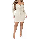 Fastkoala Women's Sexy Off Shoulder Ribbed Bodycon Dress Solid Color Long Sleeve Slim Fit Mini Night Club Party Dresses