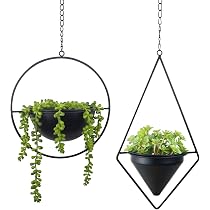 Lot De 2 Pots Muraux En Métal Forme Diamant - Avec Plantes Artificielles, Décoration Géométrique Noir Et Vert