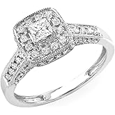 Dazzlingrock Collection 0.85 Cttw Princess & Round Diamond Womens Halo Engagement Bridal Ring, 14K Solid White Gold, Size 7