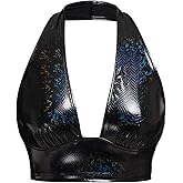 MakeMeChic Women's Black Leather Top Party Deep V Neck Sleeveless Backless Crop Halter Tops