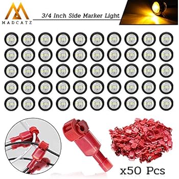 MadCatz Kit 50 Pcs T-Tap Connectors + 50 Pcs Clear Lens Amber 3-2835 LED Round Fender Side Marker Light Bullet Shape for Lorry RV Trailer Bus Pickup Jeep Truck Cab Tow 12V DC Waterproof with Rubber