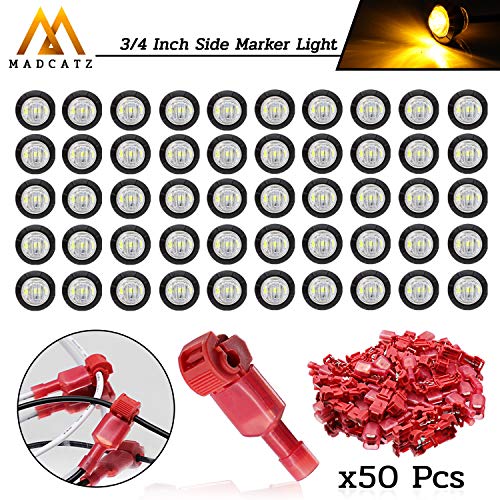 MadCatz Kit 50 Pcs T-Tap Connectors + 50 Pcs Clear Lens Amber 3-2835 LED Round Fender Side Marker Light Bullet Shape for Lorry RV Trailer Bus Pickup Jeep Truck Cab Tow 12V DC Waterproof with Rubber