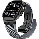 Jopinl Watch Band for Apple Watch Ultra 2 Band 49mm 46mm 45mm 44mm, Men Luxury Rugged Silicone Rubber Strap with Metal Connector & Folding Clasp for iWatch Series 10 9 8 7 6 5 4 3 2 1 SE