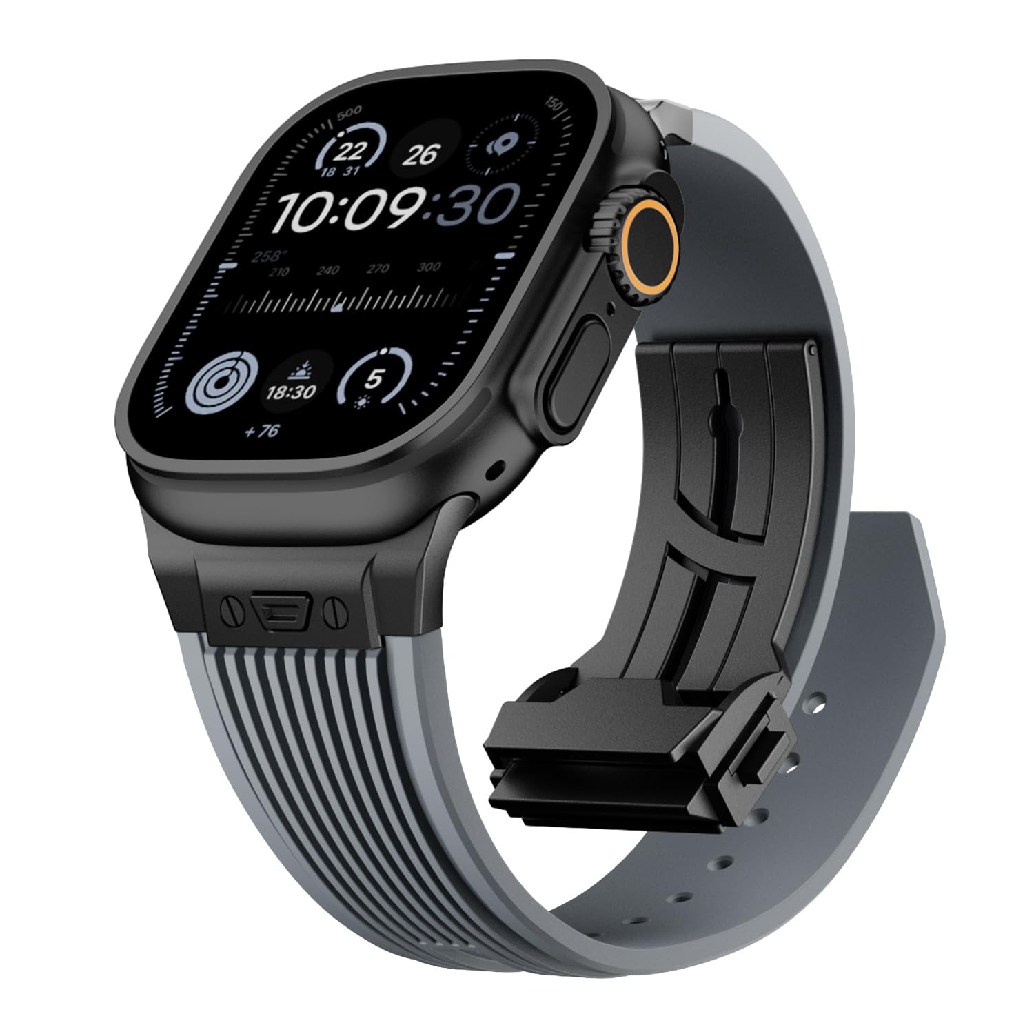 Jopinl Watch Band for Apple Watch Ultra 2 Band 49mm 46mm 45mm 44mm, Men Luxury Rugged Silicone Rubber Strap with Metal Connector & Folding Clasp for iWatch Series 10 9 8 7 6 5 4 3 2 1 SE(Grey-B)