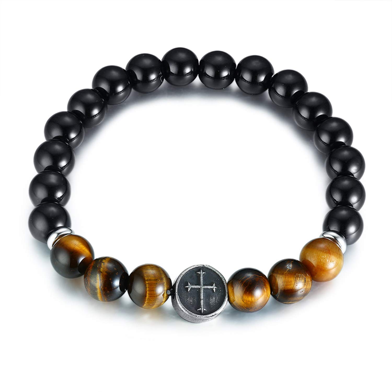 Cupimatch 10mm Cross Tiger Eye Stone Agate Strand Bracelets Onyx Natural Stone Elastic Beads Bangle Rosary,Black