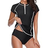 Holipick Short Sleeve Rash Guard for Women - 2 Piece Swimsuit UPF 50+ Zipper Swim Shirts with Built in Bra