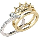 Jeulia 2 Carat Crown 925 Sterling Silver Ring For Women Crown Two Tone Round Cut Wedding Ring Sets Gold Plated Wedding Band Cubic Zirconia Engagement Ring Anniversary Promise with Jewelry Box