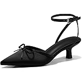 Coutgo Satin Kitten Low Heels with Bow Closed Pointed Toe Short Pumps Dress Wedding Party Shoes