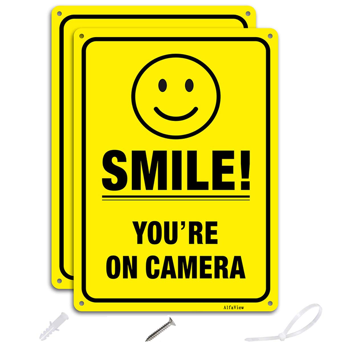 Smile You're On Camera, AlfaView Video Surveillance Sign CCTV Security Camera,10x7 Inches Rust Free 0.40 Aluminum Fade Resistant UV Protected & Reflective for Indoor Outdoor Home Business (2 Pack)