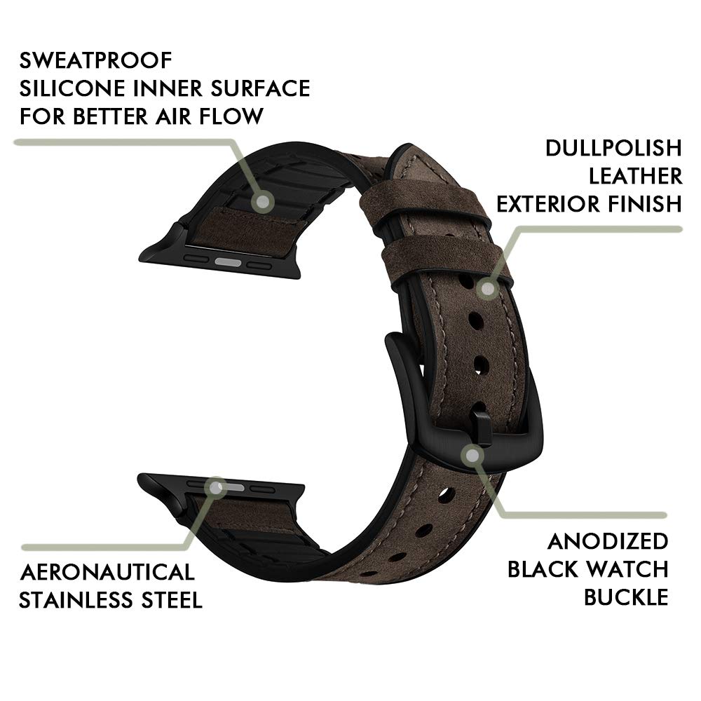 Hybrid Leather Sports Band Compatible with Apple Watch 42mm 44mm Luxury RUCHBA Comfort Practicality Sweatproof Silicone+Leather Replacement Straps Compatible with iwatch Space Black 4 1 2 3 Dark Brown