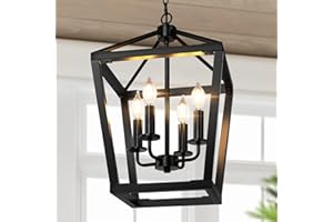 BrightHome Farmhouse Chandelier 4-Light, Black Pendant Light Fixture Ceiling Hanging for Kitchen Island Dining Room, Lantern Industrial Lighting with Metal Cage Adjustable Height for Entryway Foyer
