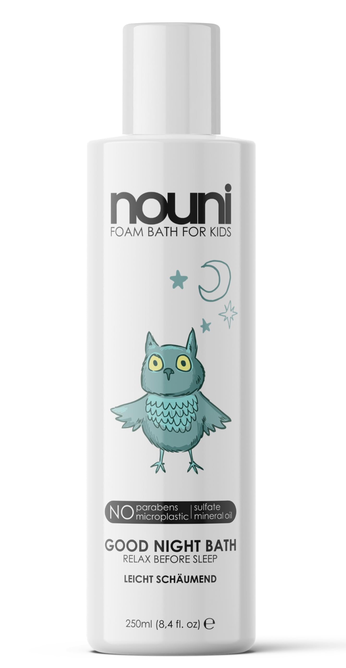 nouni Bubble Bath for Kids – Safe & Gentle Bath Additive with Low Foaming Action, Vegan, Free from Parabens & Sulfates, 250 ml