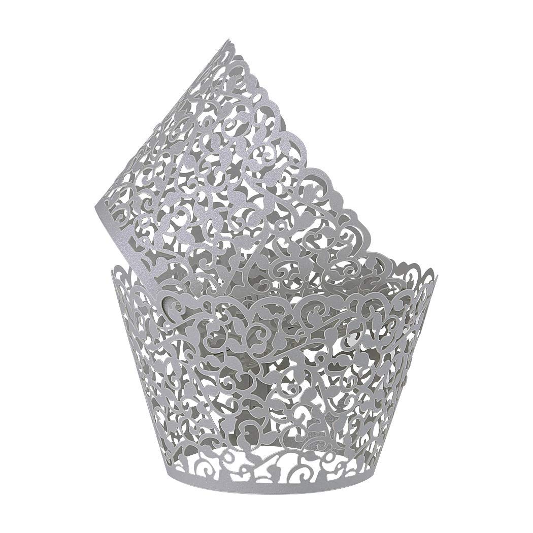 BASONG 100pcs Cupcake Wrappers, Hollowing Out Cupcake Wrapper Baking Cake Cups Wraps for Bake,Wedding, Parties, Birthday Decoration (Grey)