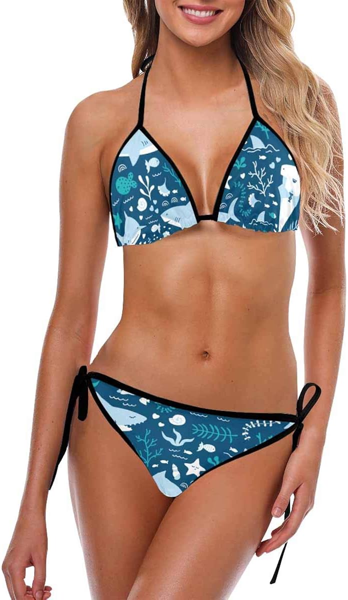 INTERESTPRINT Women's Bikini Swimsuit Halter Strap Tie Back Swimwear 2 Pieces Sets Tropical Toucans
