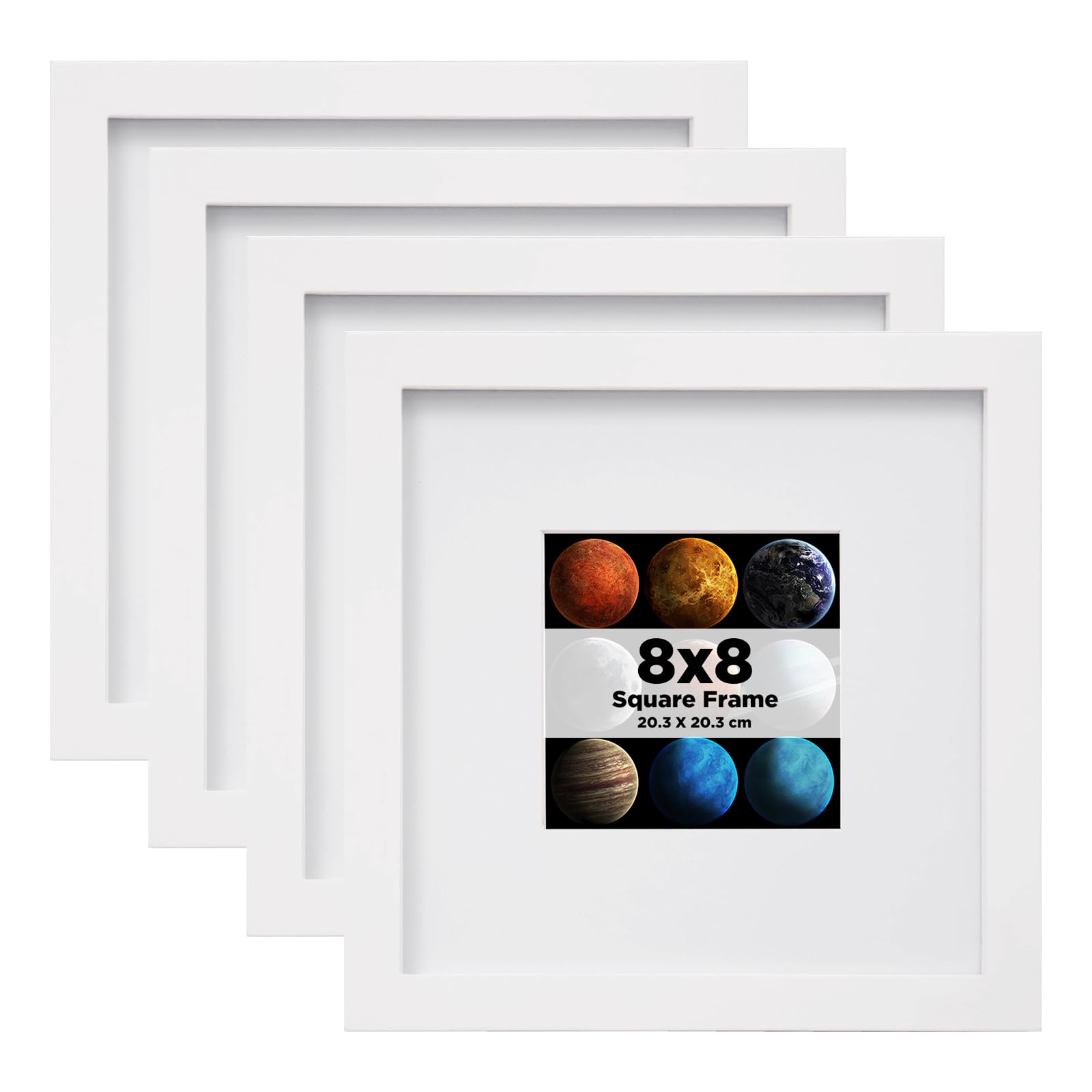 EGOFINE 8x8 Photo Frames Set of 4, Solid Wood Picture Frames with Acrylic Glass for Picture 4x4 with Mat or 20x20cm without Mat, Square Frames with Mount,Tabletop and Wall Mounting Display, White