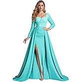 RBPAAB Long Sleeve Prom Dress 2026 Satin Square Neck Formal Gown with Slit Prom Wedding Party