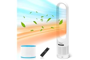 Hiluce 3-in-1 Bladeless Fan with Air Purifier,Indoor Heater,Fan and Heater Combo HEPA Filter,Tip-Over Switch,26ft/s Quiet Tower Fans,80°Oscillating, 8 Speeds, 9H Timer, 32 inch Large