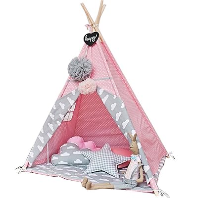 little dove Princess Indian Teepee Tent Children Playhouse Kids Play Room Furniture Top Lace with Hanging Pompoms Ball Style Pink Dot with Thick Cushion