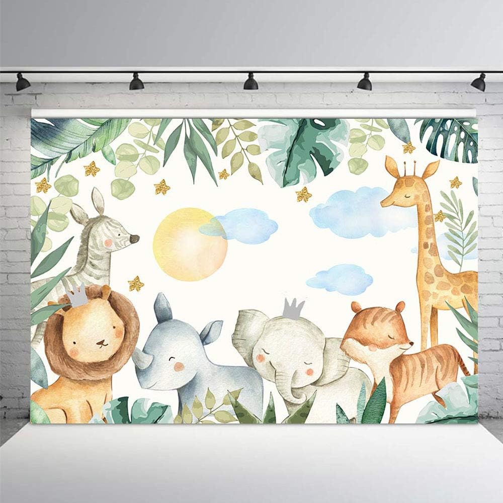 MEHOFOTO Safari Birthday Party Backdrop Jungle Wild One Animals Boy Baby Shower Watercolor Photography Background Green Leaves Cloud Sun Photo Booth Banner for Dessert Table Supplies 7x5ft - Image 4