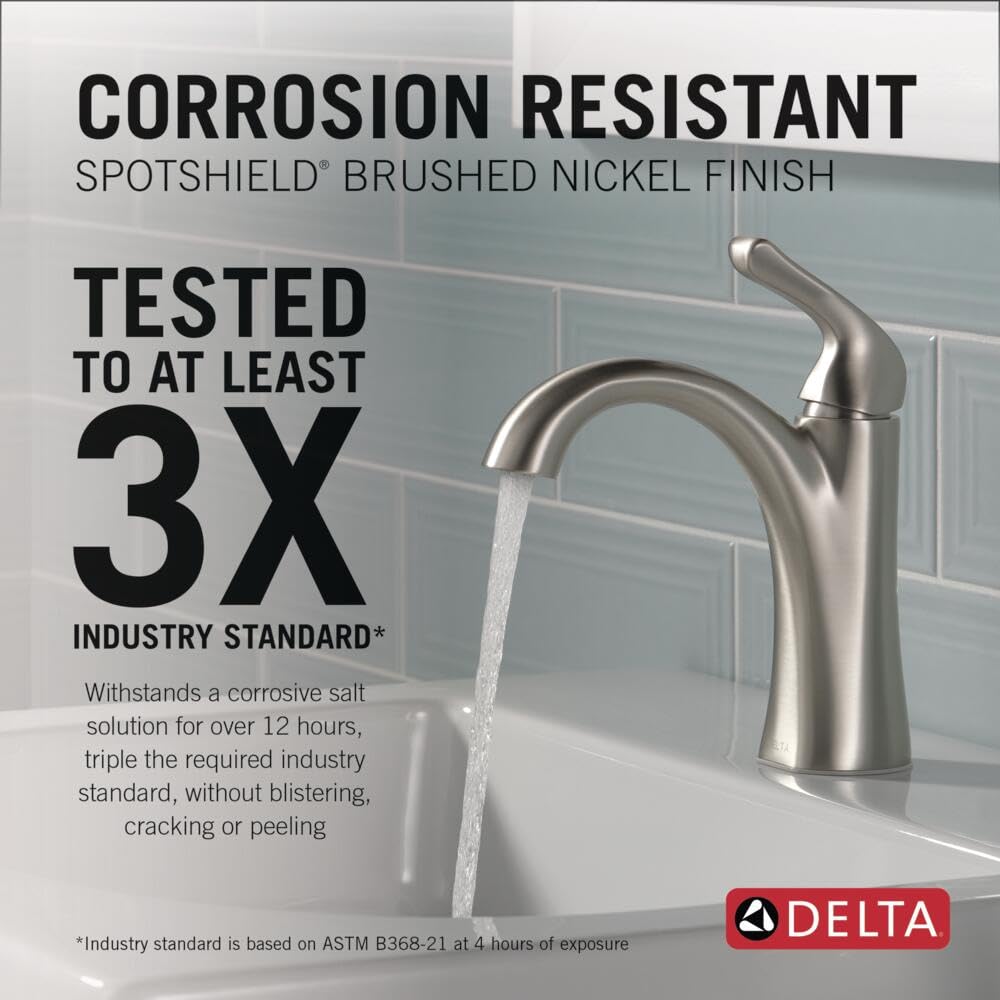 Delta Arvo Brushed Nickel Bathroom Faucet 1 Hole, Single Hole Bathroom Sink Faucet for Vanity, Push-Pop Drain Assembly, Spotshield Stainless 15840LF-SP