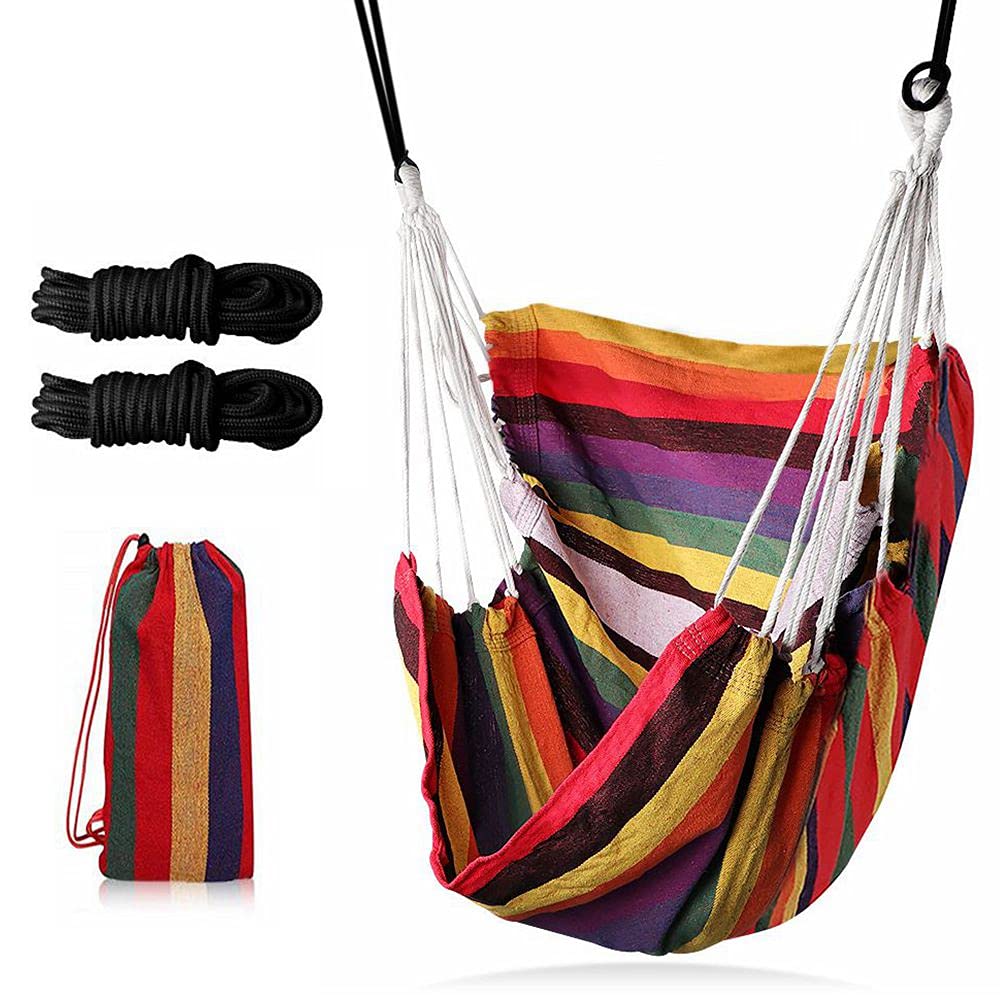 Gohytal Hanging Chair, 100 x 130 cm, Hanging Chair, Hanging Seat up to 150 kg, Hanging Swing for Indoor and Outdoor Living Bedroom Garden Patio (Red Stripes)